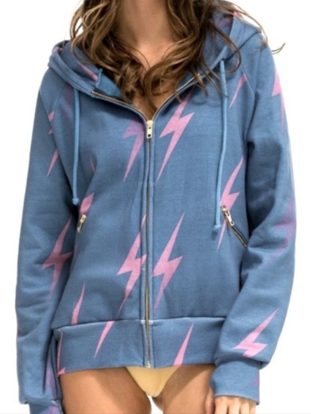 Aviator Nation Blue Bolt Repeat Hoodie with Pink Lightning Bolts MEDIUM